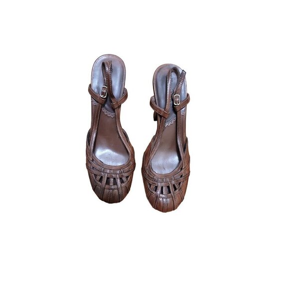 Vintage Miss Bison  Brown faux leather block  Strappy Heels With Buckle Closure - Picture 1 of 12